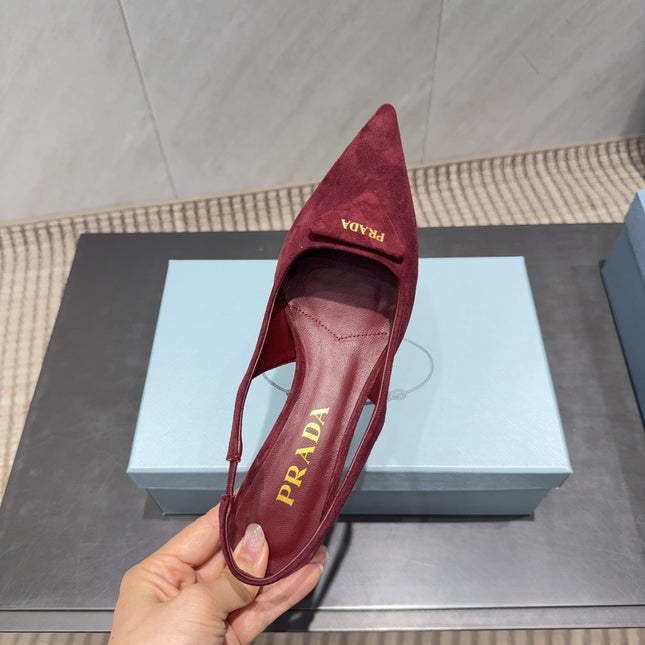 PRADA 26S POINTED TOE SLINGBACK HIGH HEELS 55MM IN DARK RED SUEDE WITH LOGO