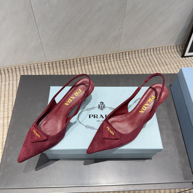 PRADA 26S POINTED TOE SLINGBACK HIGH HEELS 55MM IN DARK RED SUEDE WITH LOGO