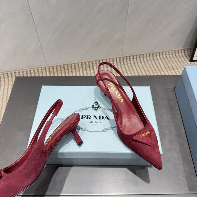 PRADA 26S POINTED TOE SLINGBACK HIGH HEELS 55MM IN DARK RED SUEDE WITH LOGO