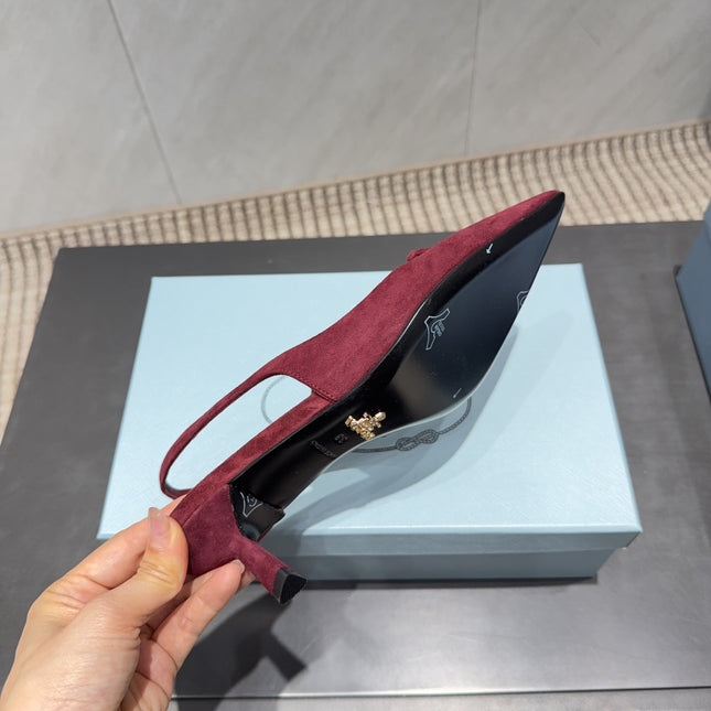 PRADA 26S POINTED TOE SLINGBACK HIGH HEELS 55MM IN DARK RED SUEDE WITH LOGO