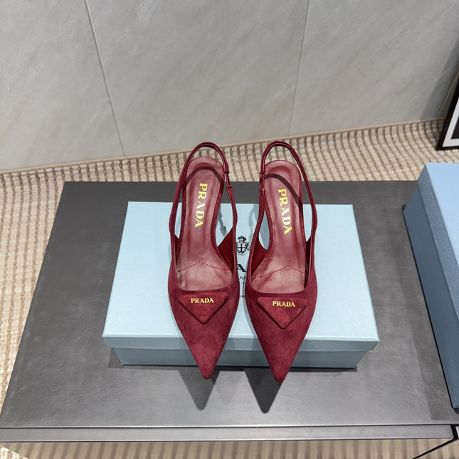 PRADA 26S POINTED TOE SLINGBACK HIGH HEELS 55MM IN DARK RED SUEDE WITH LOGO