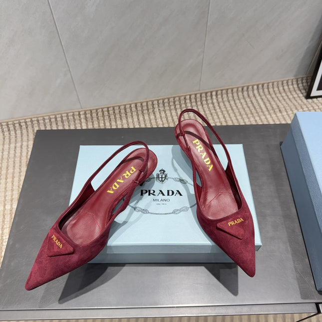 PRADA 26S POINTED TOE SLINGBACK HIGH HEELS 55MM IN DARK RED SUEDE WITH LOGO