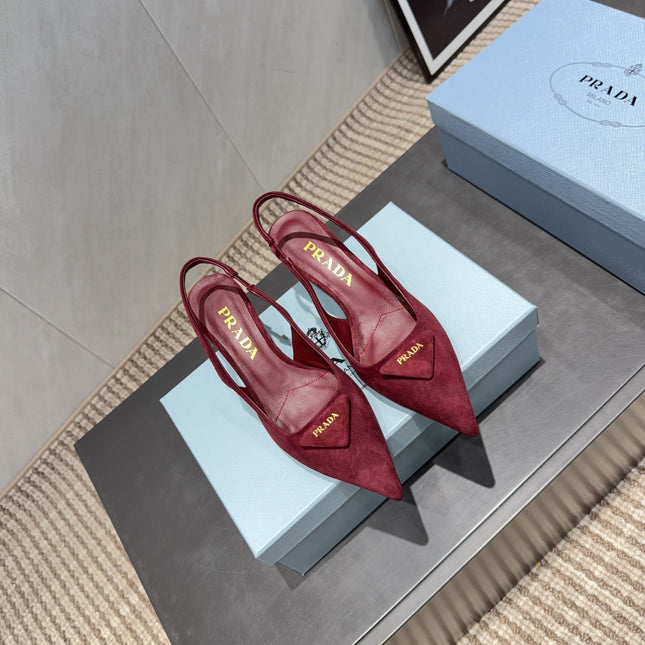 PRADA 26S POINTED TOE SLINGBACK HIGH HEELS 55MM IN DARK RED SUEDE WITH LOGO