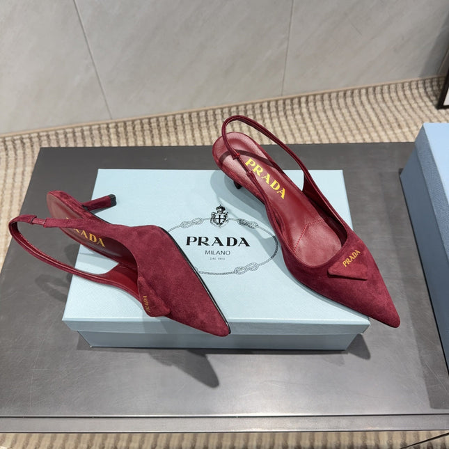 PRADA 26S POINTED TOE SLINGBACK HIGH HEELS 55MM IN DARK RED SUEDE WITH LOGO