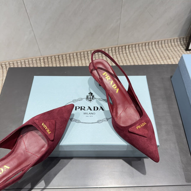 PRADA 26S POINTED TOE SLINGBACK HIGH HEELS 55MM IN DARK RED SUEDE WITH LOGO