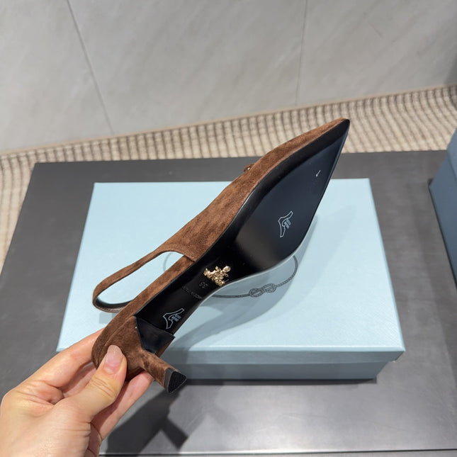 PRADA 26S POINTED TOE SLINGBACK HIGH HEELS 55MM IN BROWN SUEDE WITH LOGO