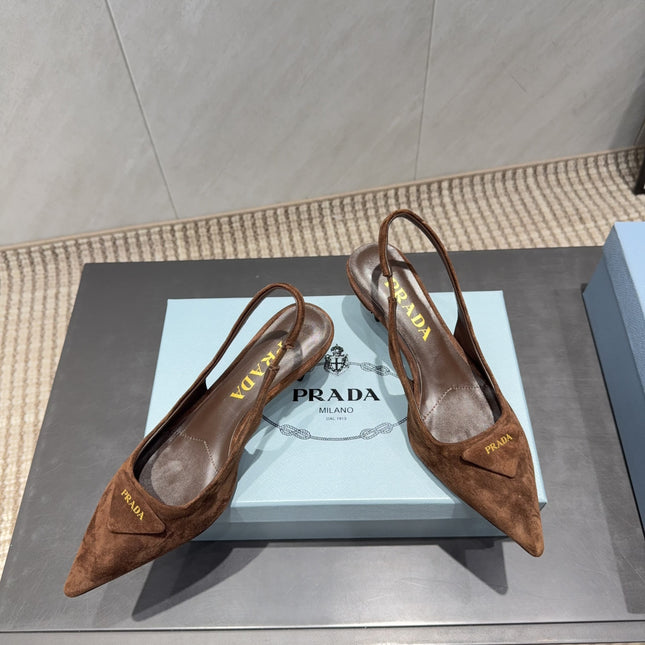 PRADA 26S POINTED TOE SLINGBACK HIGH HEELS 55MM IN BROWN SUEDE WITH LOGO