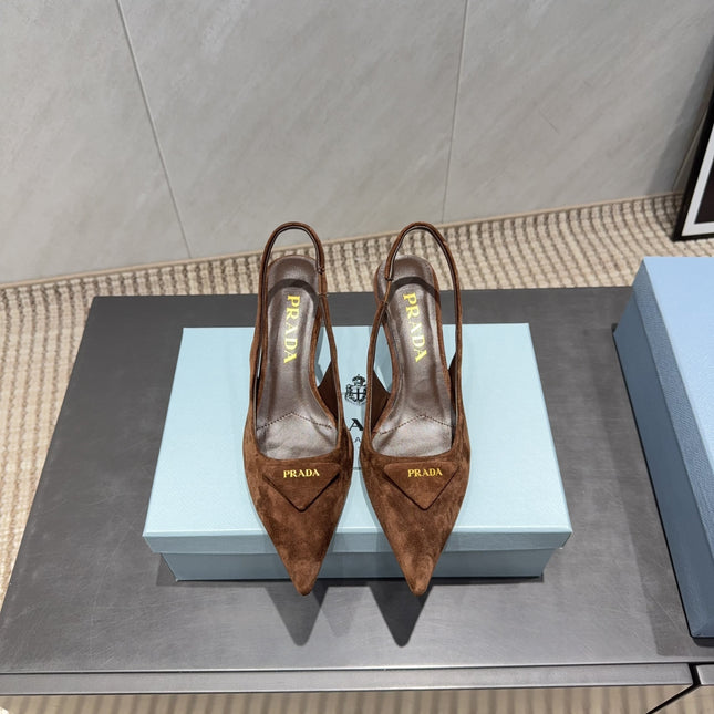PRADA 26S POINTED TOE SLINGBACK HIGH HEELS 55MM IN BROWN SUEDE WITH LOGO