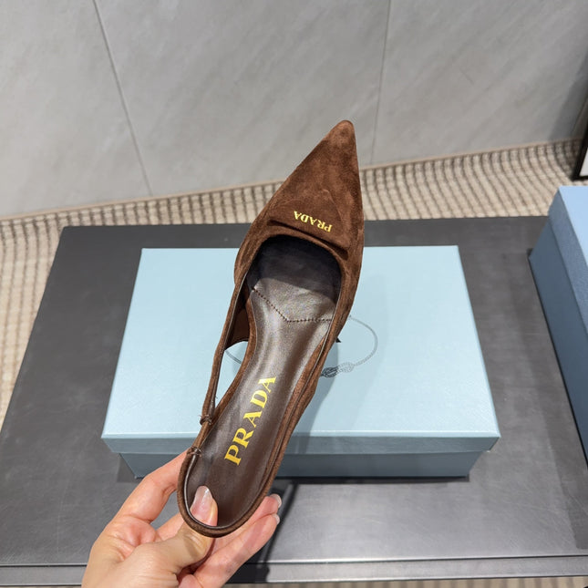 PRADA 26S POINTED TOE SLINGBACK HIGH HEELS 55MM IN BROWN SUEDE WITH LOGO