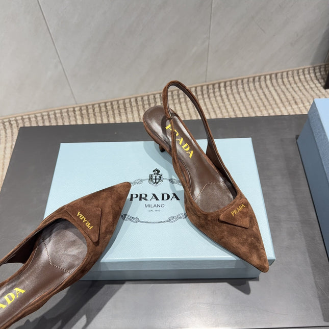 PRADA 26S POINTED TOE SLINGBACK HIGH HEELS 55MM IN BROWN SUEDE WITH LOGO