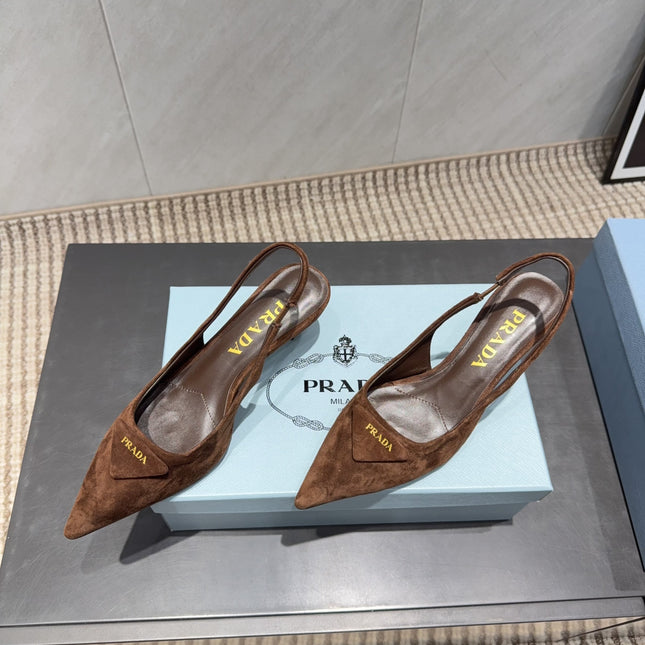 PRADA 26S POINTED TOE SLINGBACK HIGH HEELS 55MM IN BROWN SUEDE WITH LOGO