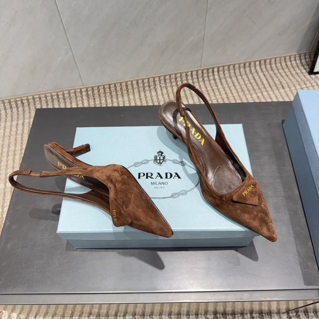 PRADA 26S POINTED TOE SLINGBACK HIGH HEELS 55MM IN BROWN SUEDE WITH LOGO