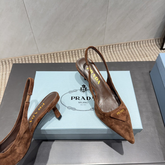 PRADA 26S POINTED TOE SLINGBACK HIGH HEELS 55MM IN BROWN SUEDE WITH LOGO