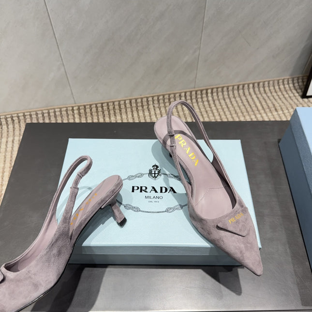 PRADA 26S POINTED TOE SLINGBACK HIGH HEELS 55MM IN TAUPE BROWN SUEDE WITH LOGO