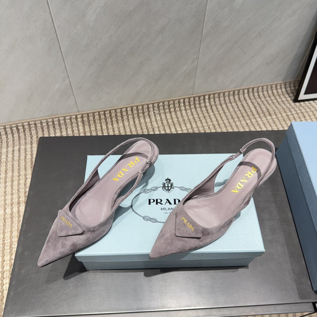 PRADA 26S POINTED TOE SLINGBACK HIGH HEELS 55MM IN TAUPE BROWN SUEDE WITH LOGO