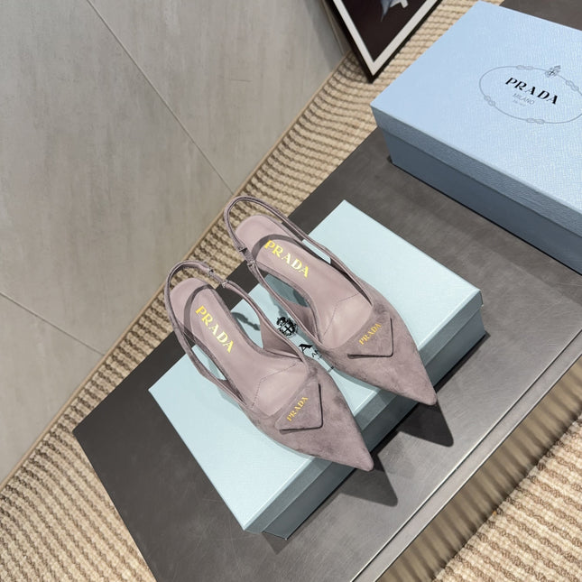PRADA 26S POINTED TOE SLINGBACK HIGH HEELS 55MM IN TAUPE BROWN SUEDE WITH LOGO