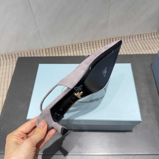 PRADA 26S POINTED TOE SLINGBACK HIGH HEELS 55MM IN TAUPE BROWN SUEDE WITH LOGO