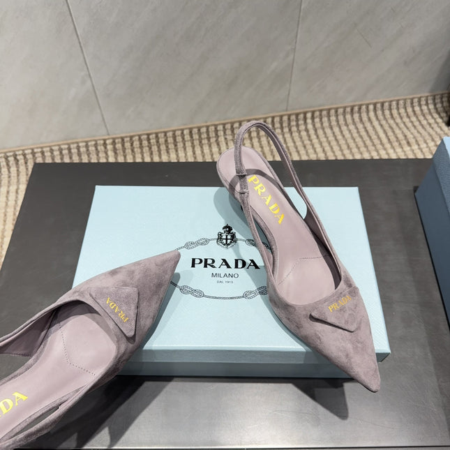 PRADA 26S POINTED TOE SLINGBACK HIGH HEELS 55MM IN TAUPE BROWN SUEDE WITH LOGO
