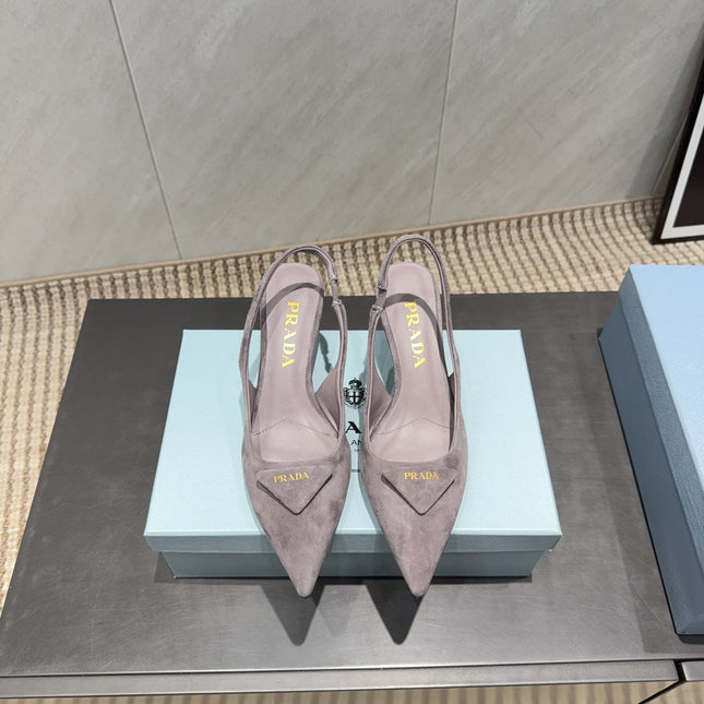 PRADA 26S POINTED TOE SLINGBACK HIGH HEELS 55MM IN TAUPE BROWN SUEDE WITH LOGO