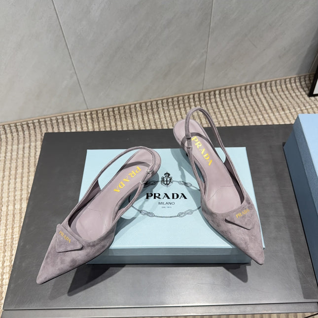 PRADA 26S POINTED TOE SLINGBACK HIGH HEELS 55MM IN TAUPE BROWN SUEDE WITH LOGO