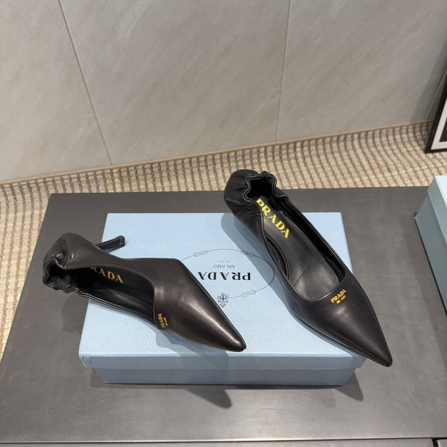 PRADA 26S POINTED TOE PUMPS 55MM IN BLACK SHEEPSKIN