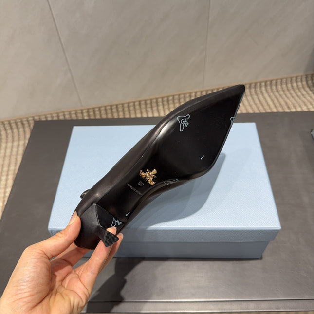 PRADA 26S POINTED TOE PUMPS 55MM IN BLACK SHEEPSKIN