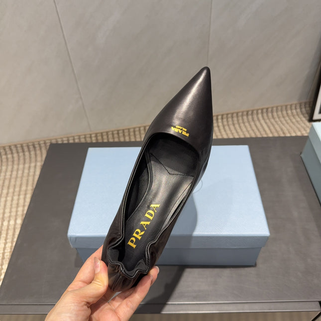 PRADA 26S POINTED TOE PUMPS 55MM IN BLACK SHEEPSKIN WITH LOGO