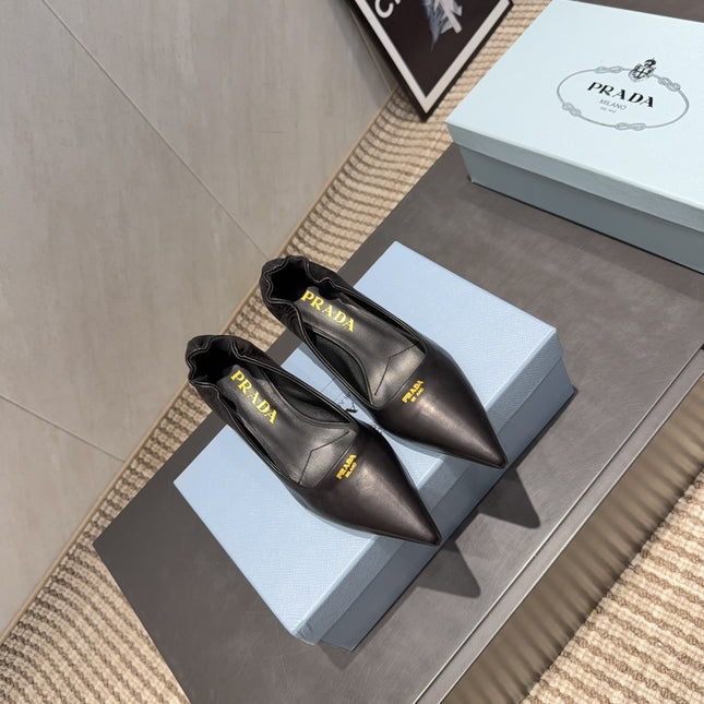 PRADA 26S POINTED TOE PUMPS 55MM IN BLACK SHEEPSKIN WITH LOGO