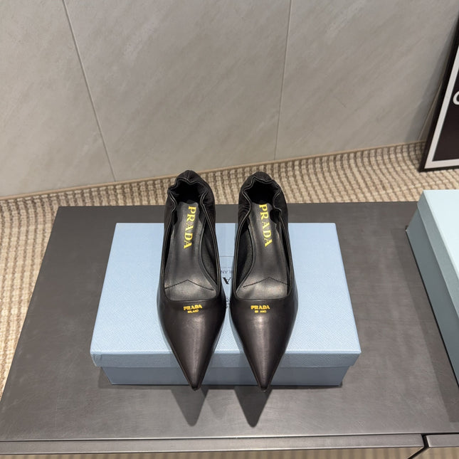 PRADA 26S POINTED TOE PUMPS 55MM IN BLACK SHEEPSKIN