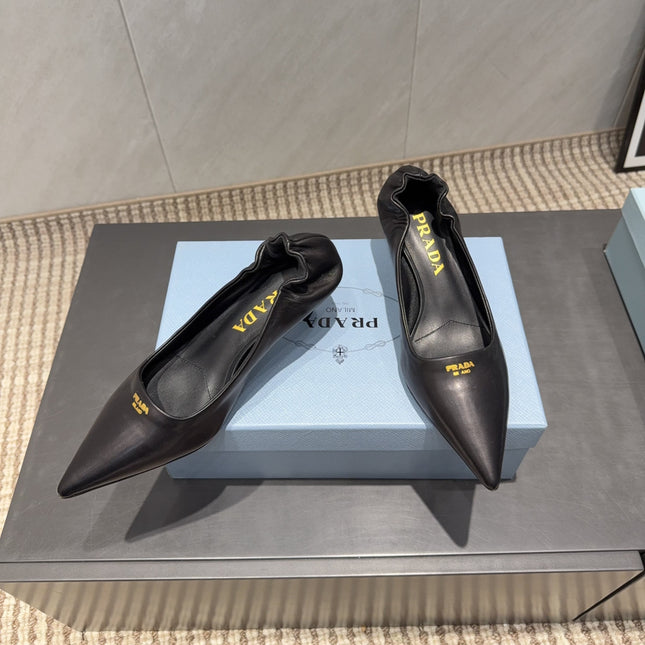 PRADA 26S POINTED TOE PUMPS 55MM IN BLACK SHEEPSKIN