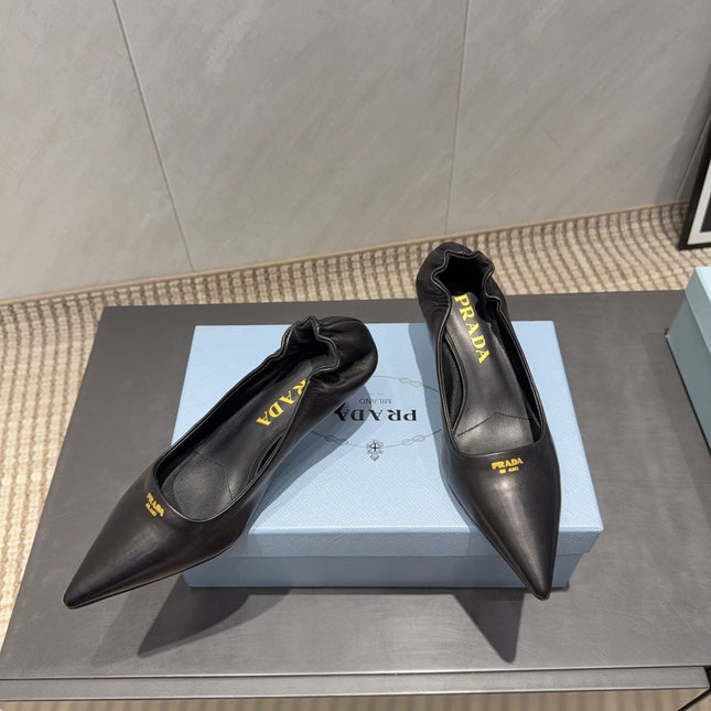 PRADA 26S POINTED TOE PUMPS 55MM IN BLACK SHEEPSKIN WITH LOGO