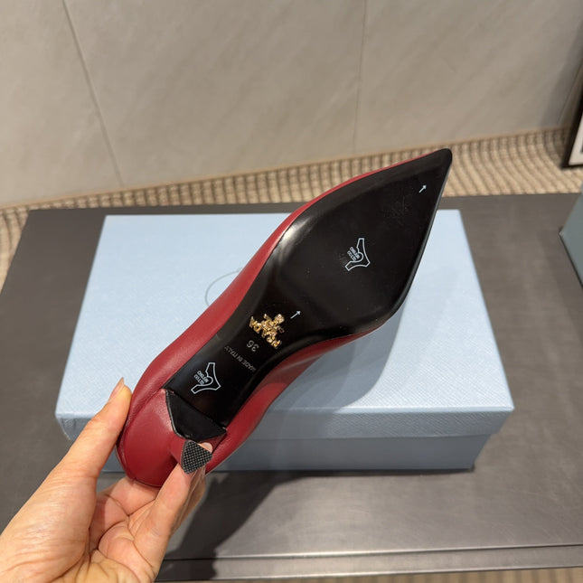 PRADA 26S POINTED TOE PUMPS 55MM IN DEEP WINE RED SHEEPSKIN WITH LOGO