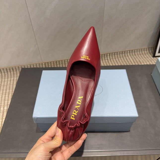 PRADA 26S POINTED TOE PUMPS 55MM IN DEEP WINE RED SHEEPSKIN WITH LOGO