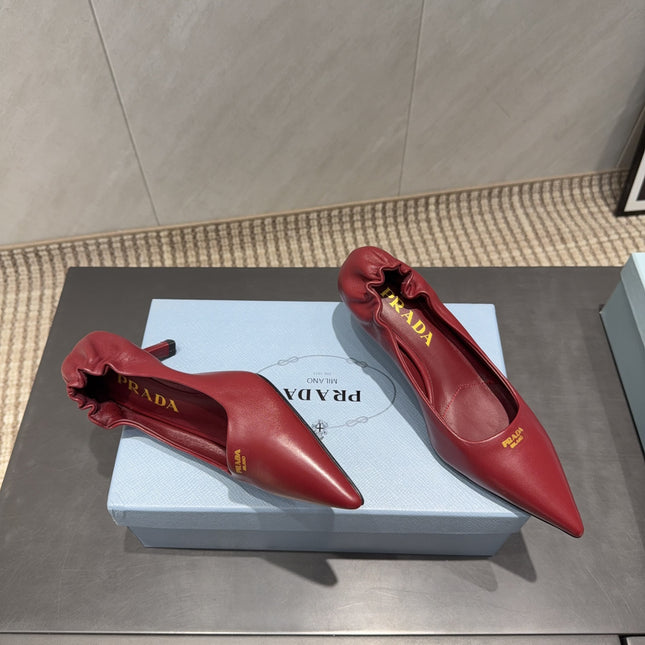 PRADA 26S POINTED TOE PUMPS 55MM IN DEEP WINE RED SHEEPSKIN
