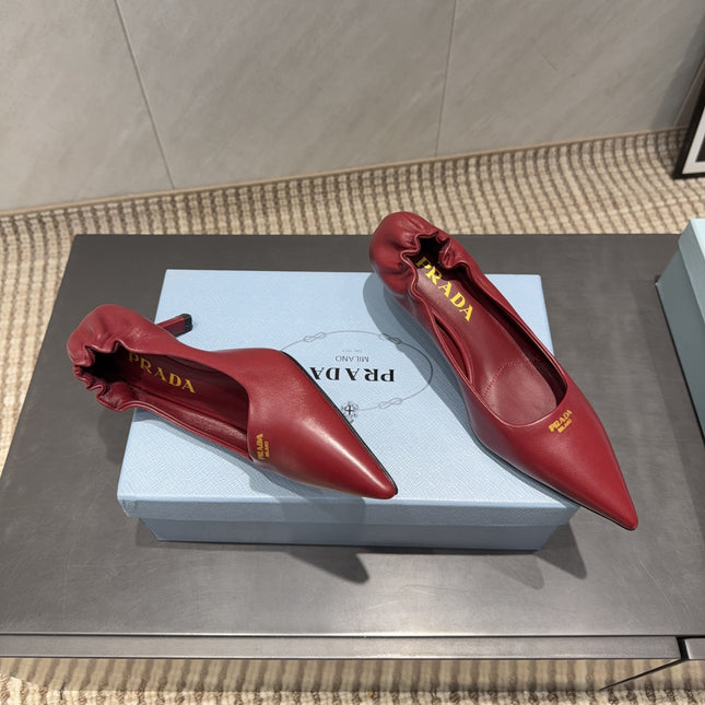 PRADA 26S POINTED TOE PUMPS 55MM IN DEEP WINE RED SHEEPSKIN WITH LOGO