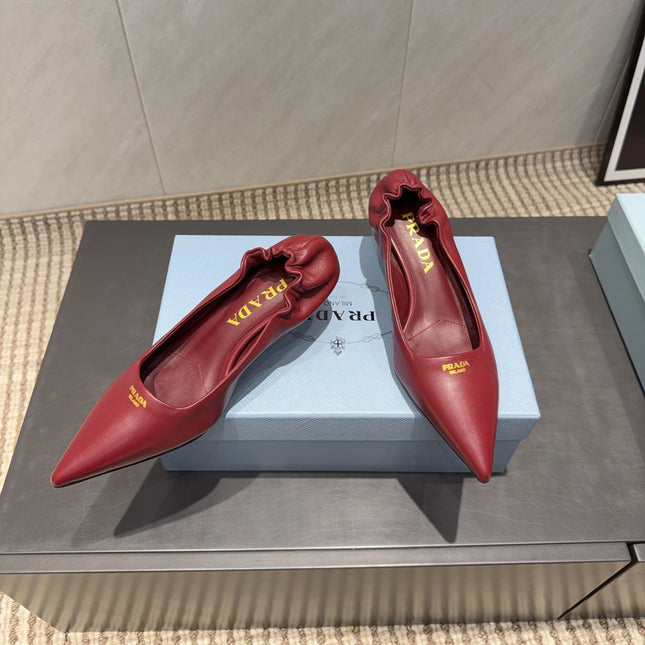 PRADA 26S POINTED TOE PUMPS 55MM IN DEEP WINE RED SHEEPSKIN