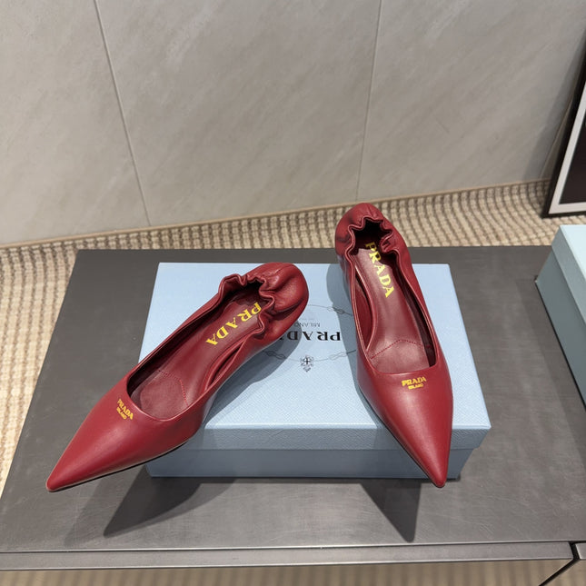 PRADA 26S POINTED TOE PUMPS 55MM IN DEEP WINE RED SHEEPSKIN WITH LOGO