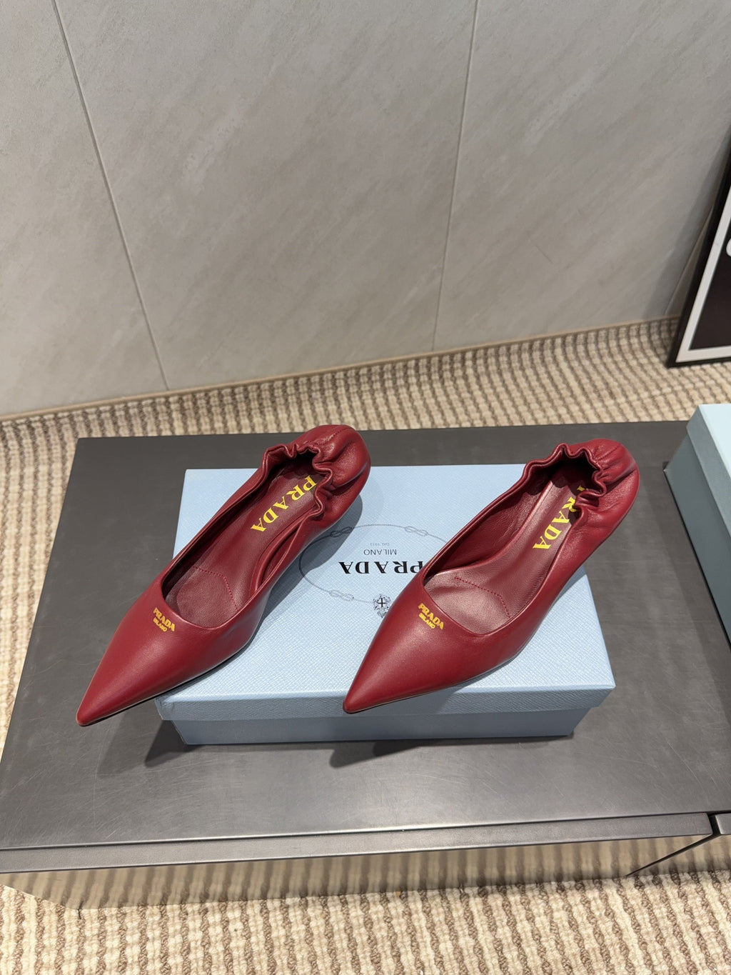 PRADA 26S POINTED TOE PUMPS 55MM IN DEEP WINE RED SHEEPSKIN