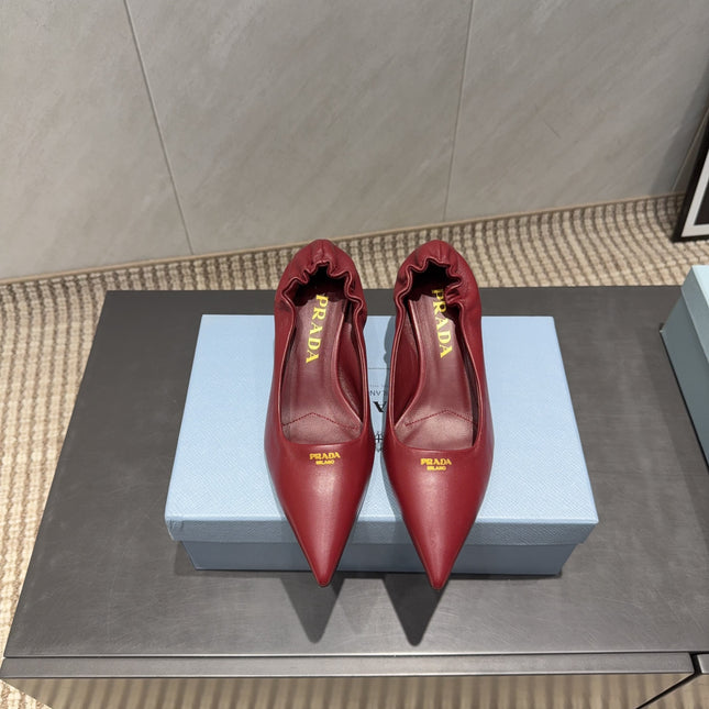 PRADA 26S POINTED TOE PUMPS 55MM IN DEEP WINE RED SHEEPSKIN WITH LOGO