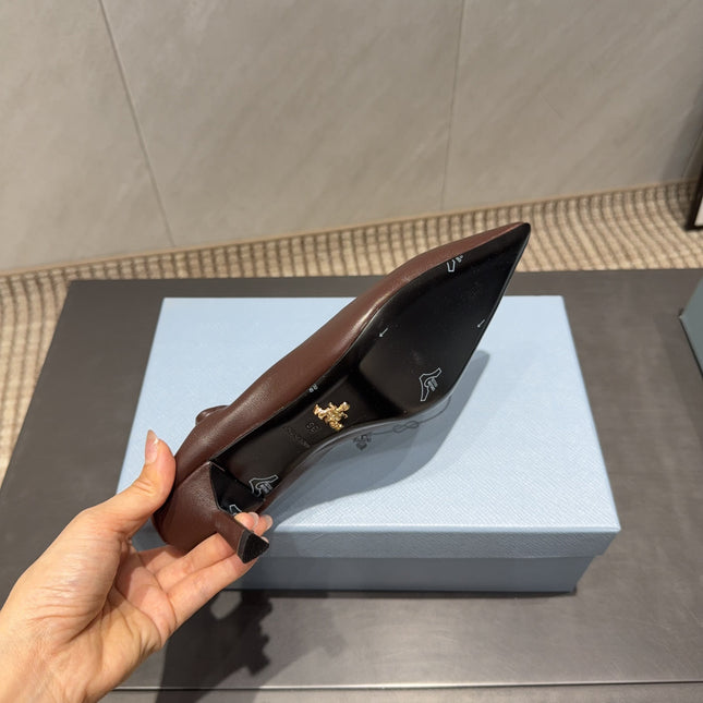 PRADA 26S POINTED TOE PUMPS 55MM IN CHOCOLATE BROWN SHEEPSKIN