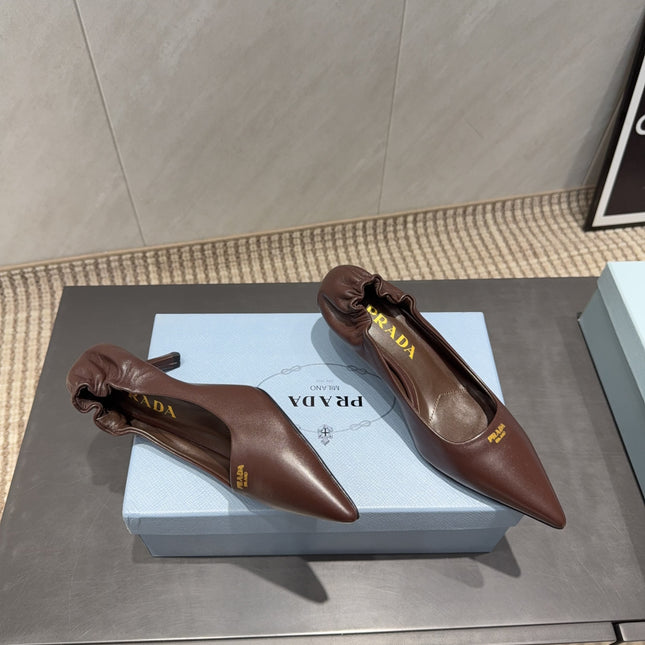 PRADA 26S POINTED TOE PUMPS 55MM IN CHOCOLATE BROWN SHEEPSKIN