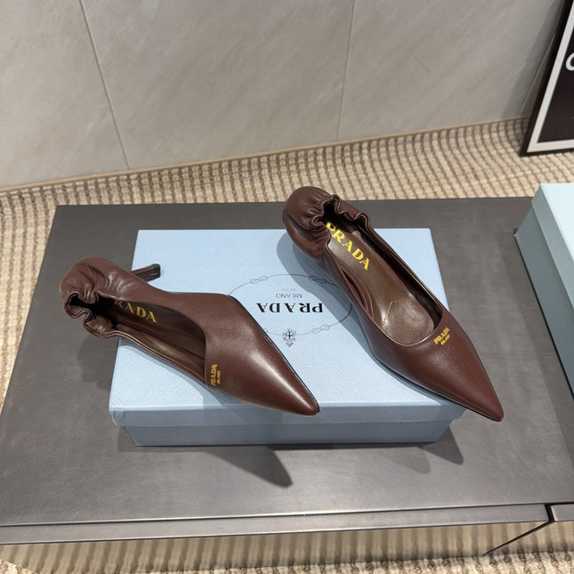 PRADA 26S POINTED TOE PUMPS 55MM IN DARK BROWN SHEEPSKIN WITH LOGO