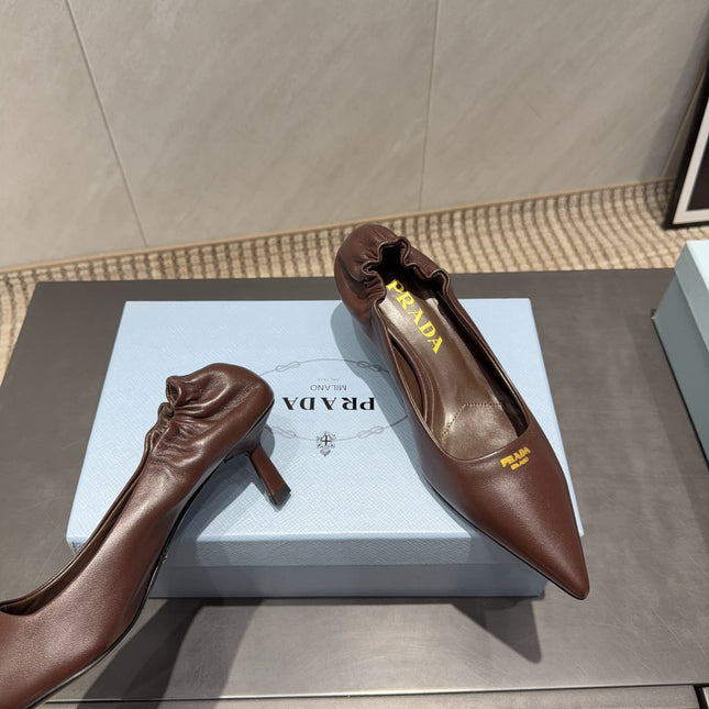 PRADA 26S POINTED TOE PUMPS 55MM IN CHOCOLATE BROWN SHEEPSKIN