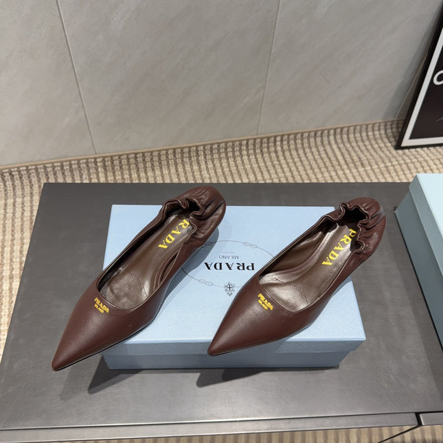 PRADA 26S POINTED TOE PUMPS 55MM IN DARK BROWN SHEEPSKIN WITH LOGO