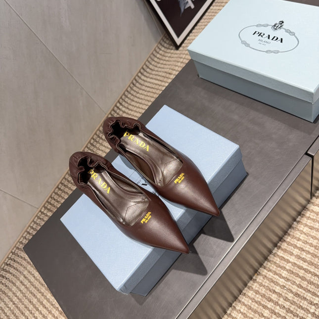 PRADA 26S POINTED TOE PUMPS 55MM IN CHOCOLATE BROWN SHEEPSKIN