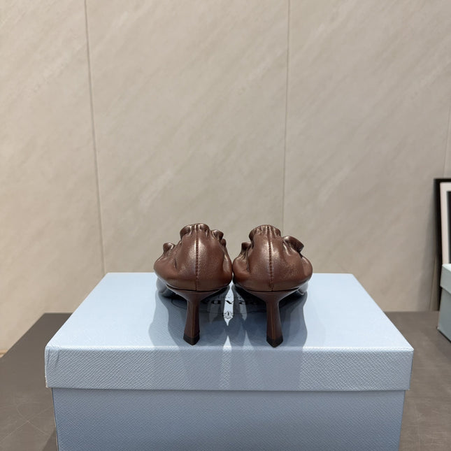 PRADA 26S POINTED TOE PUMPS 55MM IN CHOCOLATE BROWN SHEEPSKIN