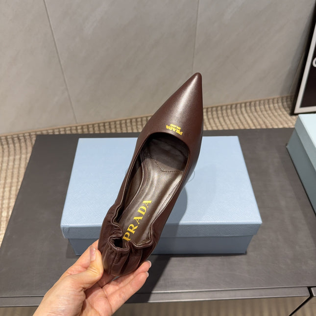 PRADA 26S POINTED TOE PUMPS 55MM IN CHOCOLATE BROWN SHEEPSKIN