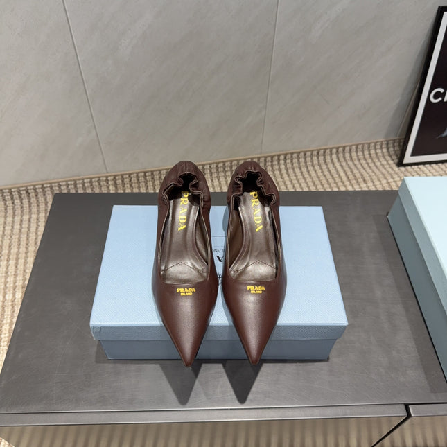 PRADA 26S POINTED TOE PUMPS 55MM IN CHOCOLATE BROWN SHEEPSKIN