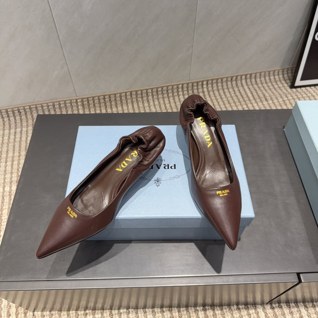 PRADA 26S POINTED TOE PUMPS 55MM IN CHOCOLATE BROWN SHEEPSKIN