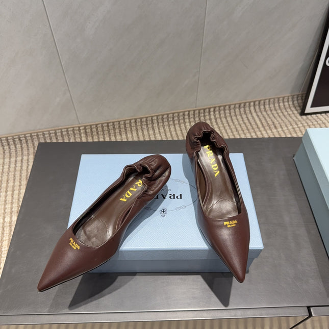 PRADA 26S POINTED TOE PUMPS 55MM IN DARK BROWN SHEEPSKIN WITH LOGO